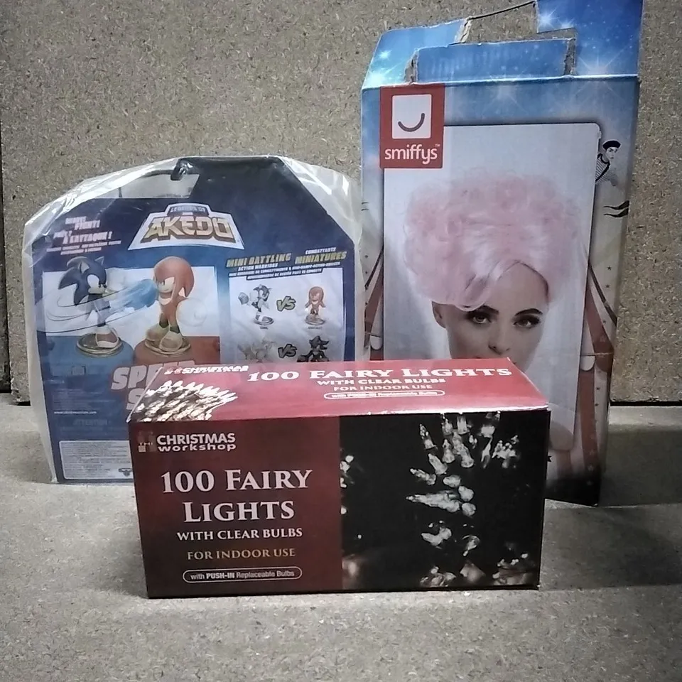 LOT OF VARIOUS ASSORTED HOUSEHOLD ITEMS TO INCLUDE: 100 FAIRY LIGHTS, PINK TRAPEZE ARTIST WIG, SONIC SPEED STRIKE