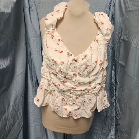 NOBODY'S CHILD CAIA RUCHED TOP – WHITE WITH RED FLORAL PRINT, UK 16 (EU 44)