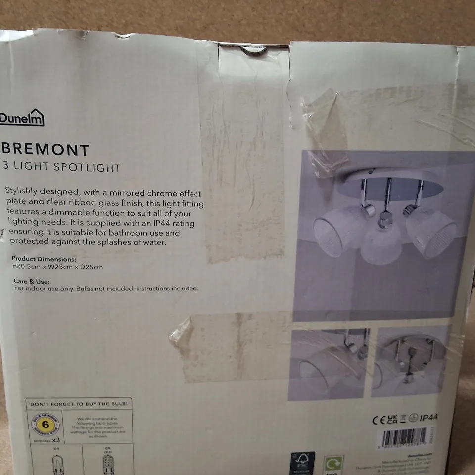 BOXED DUNELM BREMONT 3 LIGHT SPOTLIGHT CEILING LIGHT - CHROME EFFECT, IP44 BATHROOM RATED