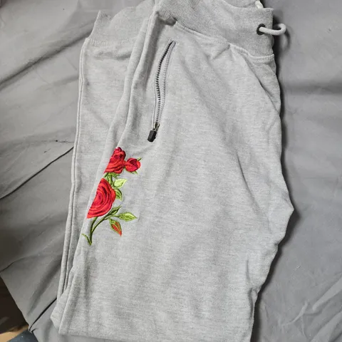 PREMIUM GREY EMBROIDERED SWEATPANTS WITH FLORAL ROSE DESIGN, DRAWSTRING WAIST, ZIP POCKET 