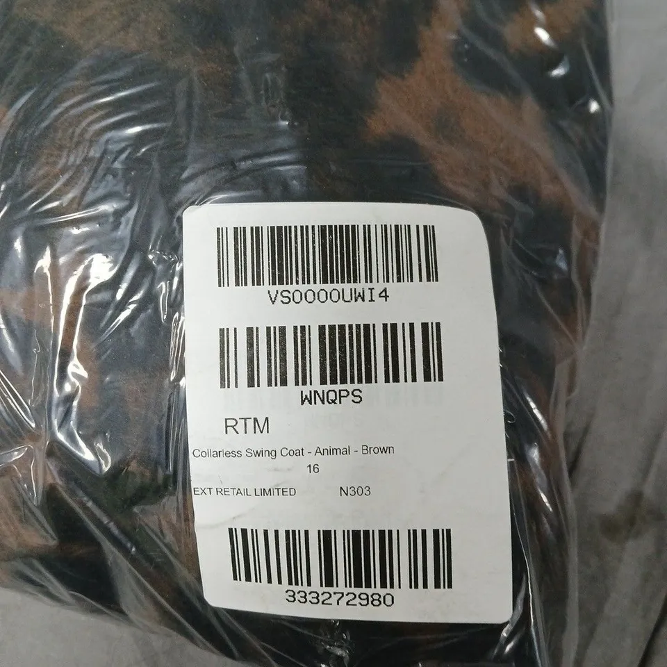 BAGGED. COLLARLESS SWING COAT - ANIMAL PRINT, BROWN - UK 16