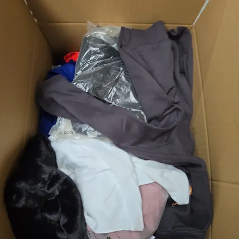 LARGE BOX OF ASSORTED CLOTHING ITEMS IN VARIOUS SIZES, STYLES AND COLOUR 