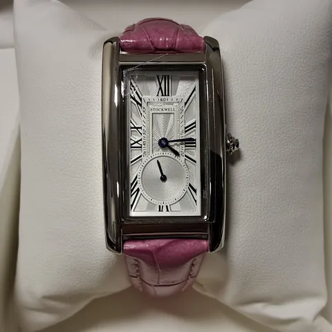 STOCK WELL RECTANGULAR STAINLESS STEEL LADIES WATCH WITH PINK LEATHER STRAP IN GIFT BOX