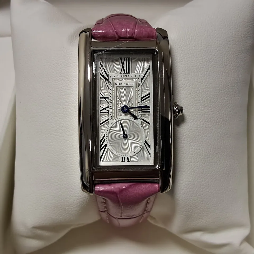 STOCK WELL RECTANGULAR STAINLESS STEEL LADIES WATCH WITH PINK LEATHER STRAP IN GIFT BOX