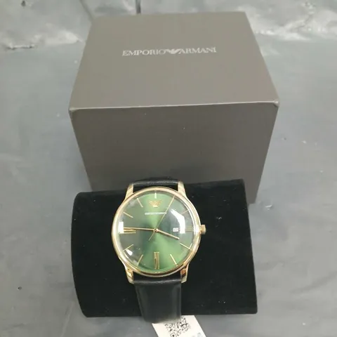 BOXED EMPORIO ARMANI BLACK LEATHER STRAP WATCH IN GREEN/GOLD