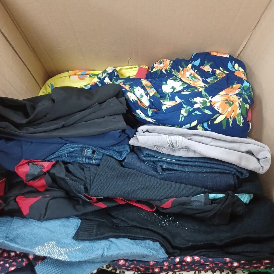 LARGE BOX OF ASSORTED CLOTHING ITEMS TOO INCLUDE TOPS , TROUSERS AND JUMPERS COMING IN DIFFERENT COLOURS AND SIZES 