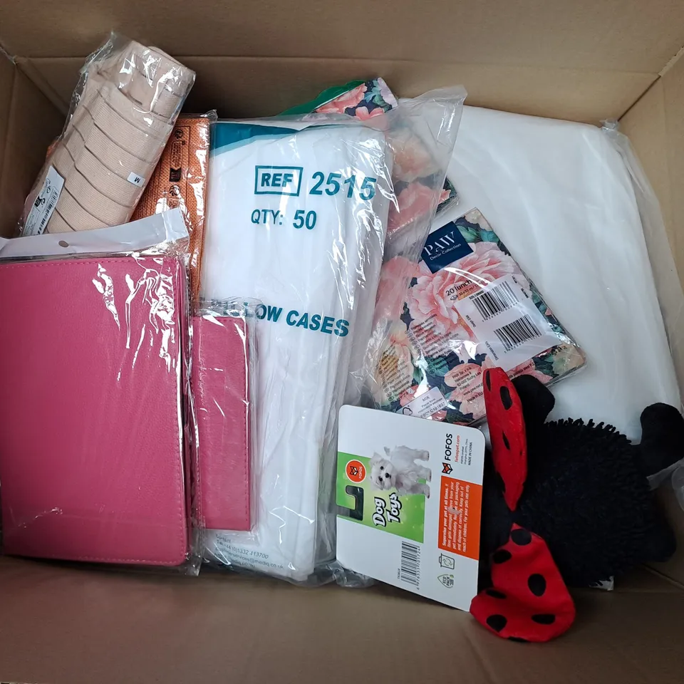 APPROXIMATELY 20 ASSORTED HOUSEHOLD PRODUCTS TO INCLUDE DISPOSABLE PILLOW CASES, FLORAL TISSUES, DOG TOY, ETC