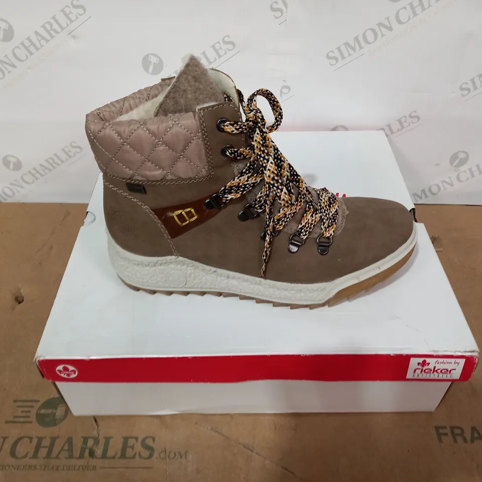 BOXED PAIR OF RIEKER BROWN BOOTS- SIZE 38