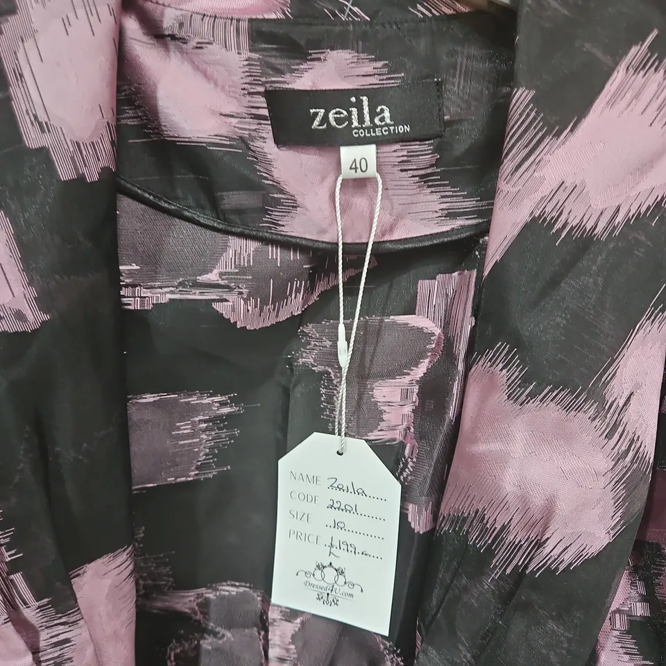 Zeila Collection Women's Blazer – Pink/Black Abstract Print, Belted Front, Size 40