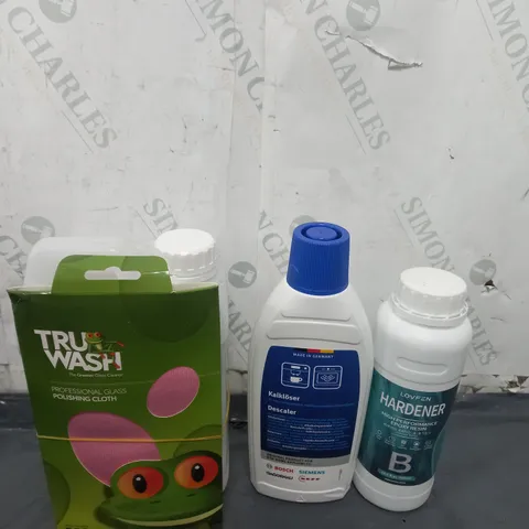 TOTE OF APPROX 10 CLEANING PRODUCTS TO INCLUDE ADHESIVE , DESCALER , GLASS CLEANER , ETC