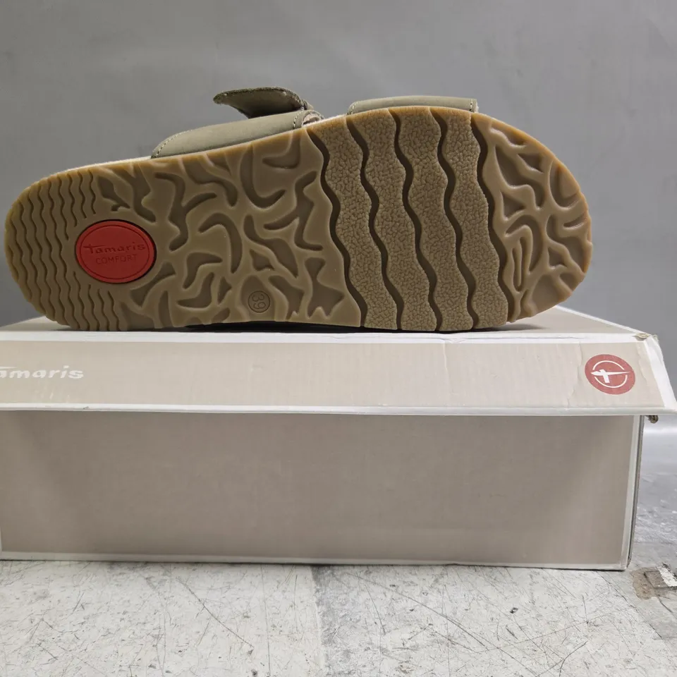 BOXED PAIR OF TAMARI OPEN TOE SANDALS IN SAGE SIZE EU 39