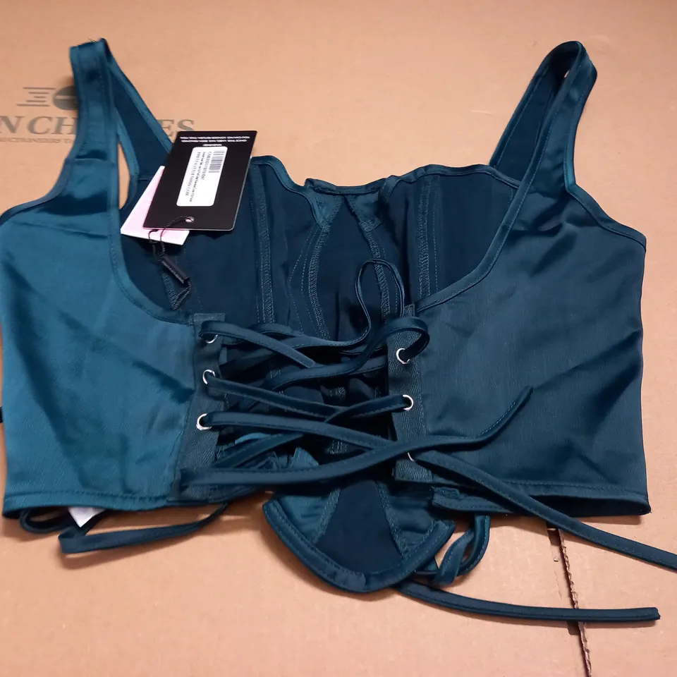 PRETTYLITTLETHING EMERALD GREEN SATIN LACE UP FRONT DETAIL SLEEVELESS CORSET - UK 12
