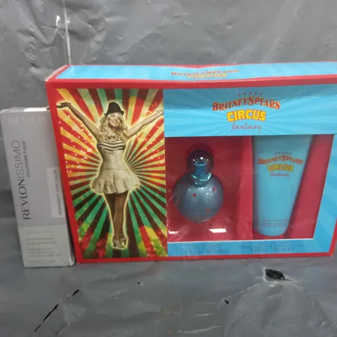 BOX OF APPROXIMATELY 10 ASSORTED HEALTH & BEAUTY ITEMS TO INCLUDE - REVLON PERMANENT HAIR COLOUR , BRITNEYSPEARS CIRCUS FANTASY