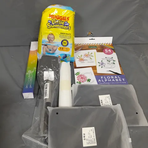BOX OF ASSORTED HOUSEHOLD ITEMS TO INCLUDE SWIMMING NAPPIES, COOKWARE AND DRAWING PADS