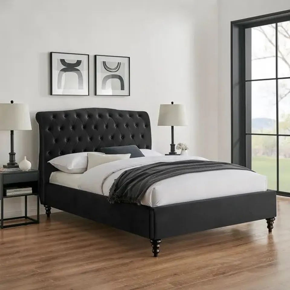 BOXED ROSA 3FT SINGLE BED FRAME, VELVET - BLACK (2 BOXES)