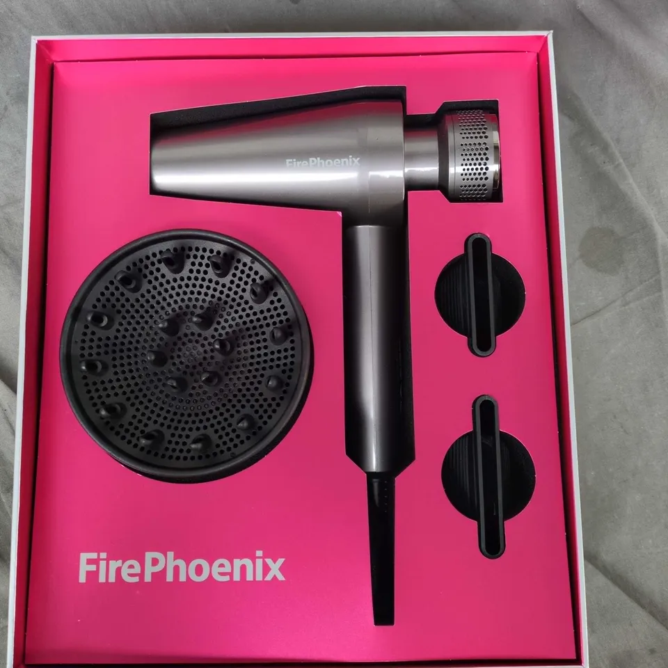 FIREPHOENIX M2 HAIR DRYER – SILVER, BOXED WITH DIFFUSER & CONCENTRATOR ATTACHMENTS