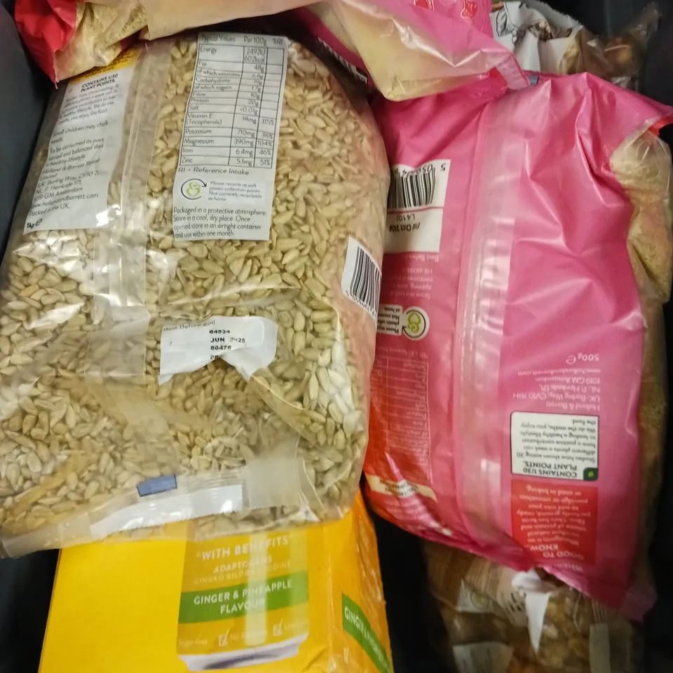 APPROXIMATELY 7 ASSORTED FOOD PRODUCTS TO INCLUDE SUNFLOWER SEEDS, WHEATGERM, NUT MIX ETC 