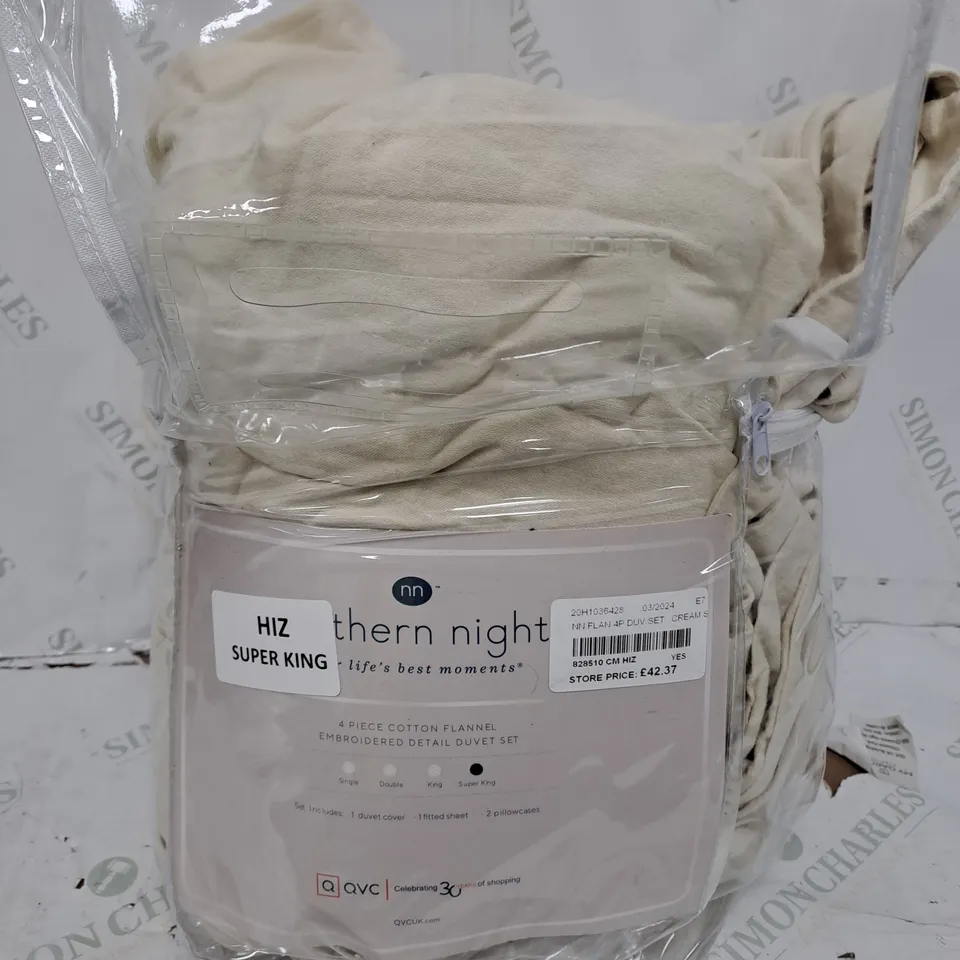 NORTHERN NIGHTS 100% COTTON 4PC FLANNEL DUVET SET IN CREAM - SUPER KING