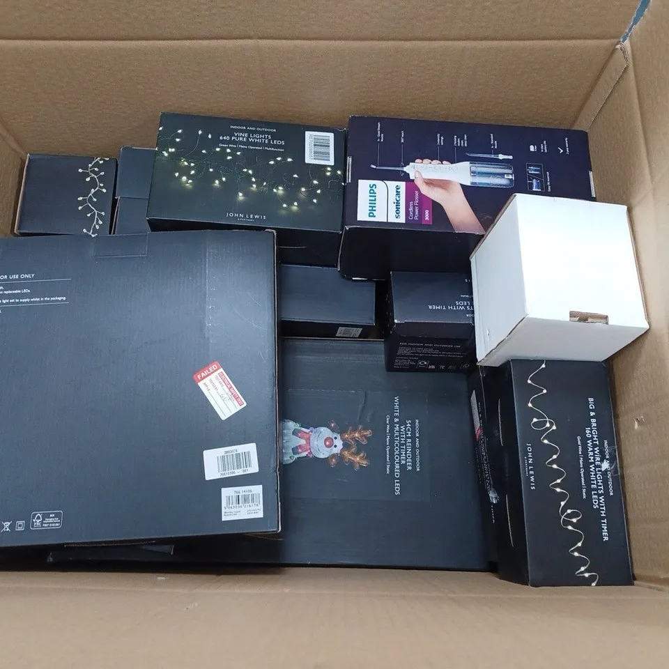 BOX OF APPROXIMATELY 15 ASSORTED ITEMS TO INCLUDE ELECTRIC BREAST PUMP, LED STARS, JLAB AUDIO HEADPHONES ETC