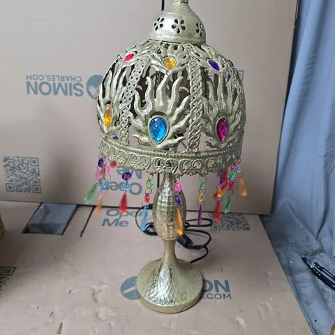 ORNATE METAL TABLE LAMP WITH PIERCED SHADE AND MULTICOLOUR JEWEL ACCENTS