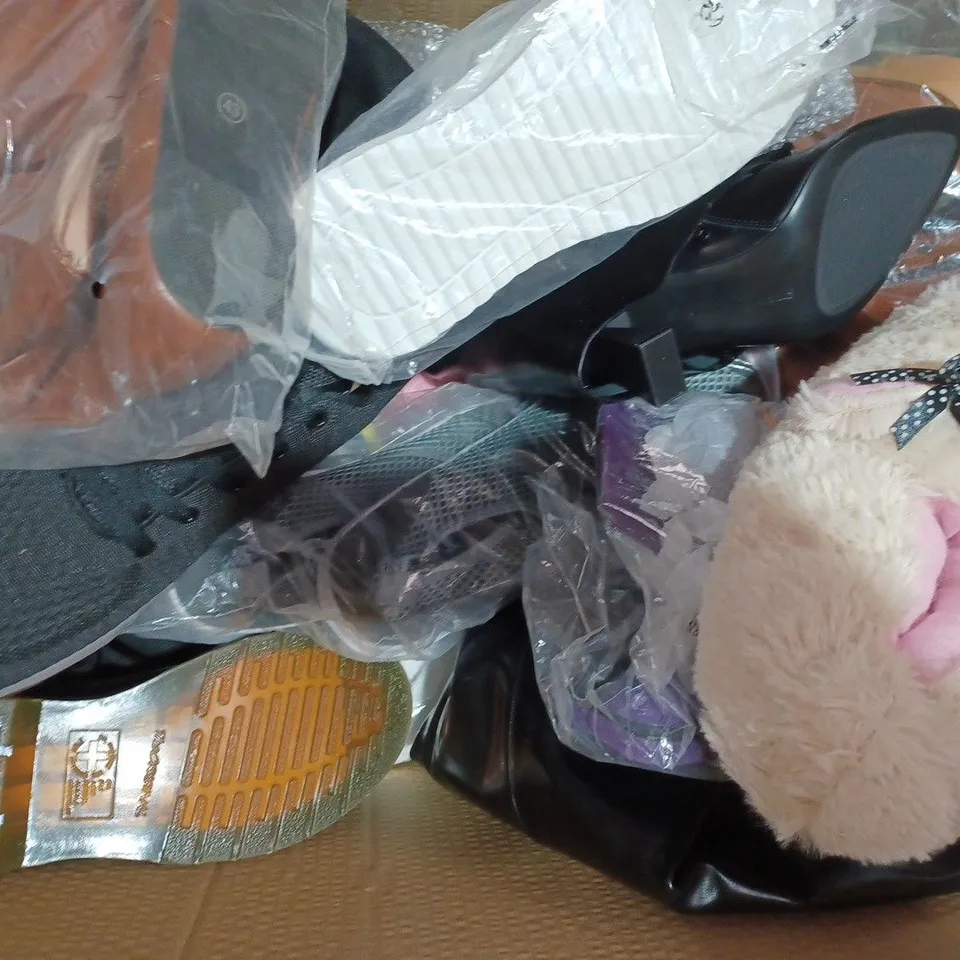 BOX OF APPROXIMATELY 20 ASSORTED PAIRS OF SHOES AND FOOTWEAR ITEMS IN VARIOUS STYLES AND SIZES TO INCLUDE M&S, TOWN & COUNTRY, ETC