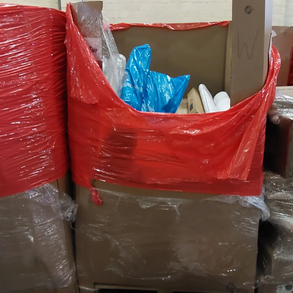 PALLET OF ASSORTED ITEMS INCLUDING: FOLDING MATTRESS, CHILDREN'S TOY, RUG, SKATEBOARD, COSTUME PROP AXE