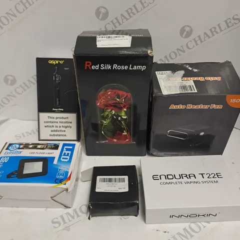 BOX OF APPROXIMATELY 5 ASSORTED HOUSEHOLD & ELECTRICAL PRODUCTS TO INCLUDE AUTO FAN HEATER, LED FLOOD LIGHT, RED SILK ROSE LAMP ETC
