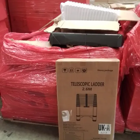 PALLET CONTAINING VARIOUS ASSORTED BOXED HOUSEHOLD ITEMS TO INCLUDE: COMPUTER HOUSING, KEYBOARD,  2.6M TELESCOPIC LADDER, AND LOTS MORE UNMARKED BOXED ITEMS 