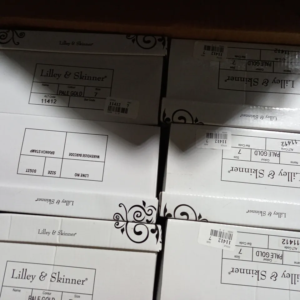 APPROXIMATELY 6 BOXED PAIRS OF LILLEY & SKINNER HIGH HEELED SANDALS IN PALE GOLD SIZE 7 