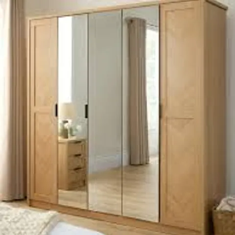 BOXED CHEVRY 5 DOOR MIRRORED WARDROBE - OAK (3 BOXES)