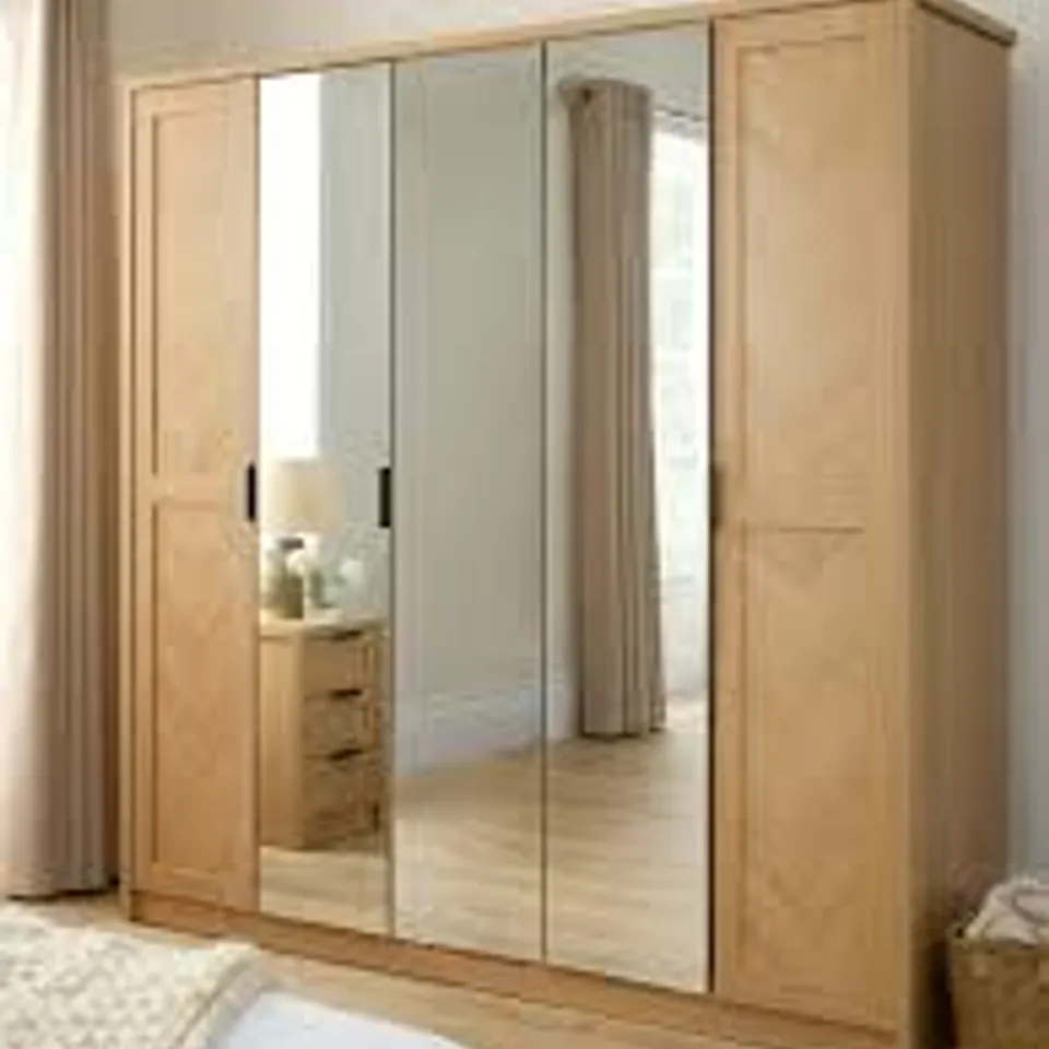 BOXED CHEVRY 5 DOOR MIRRORED WARDROBE - OAK (3 BOXES) RRP £579