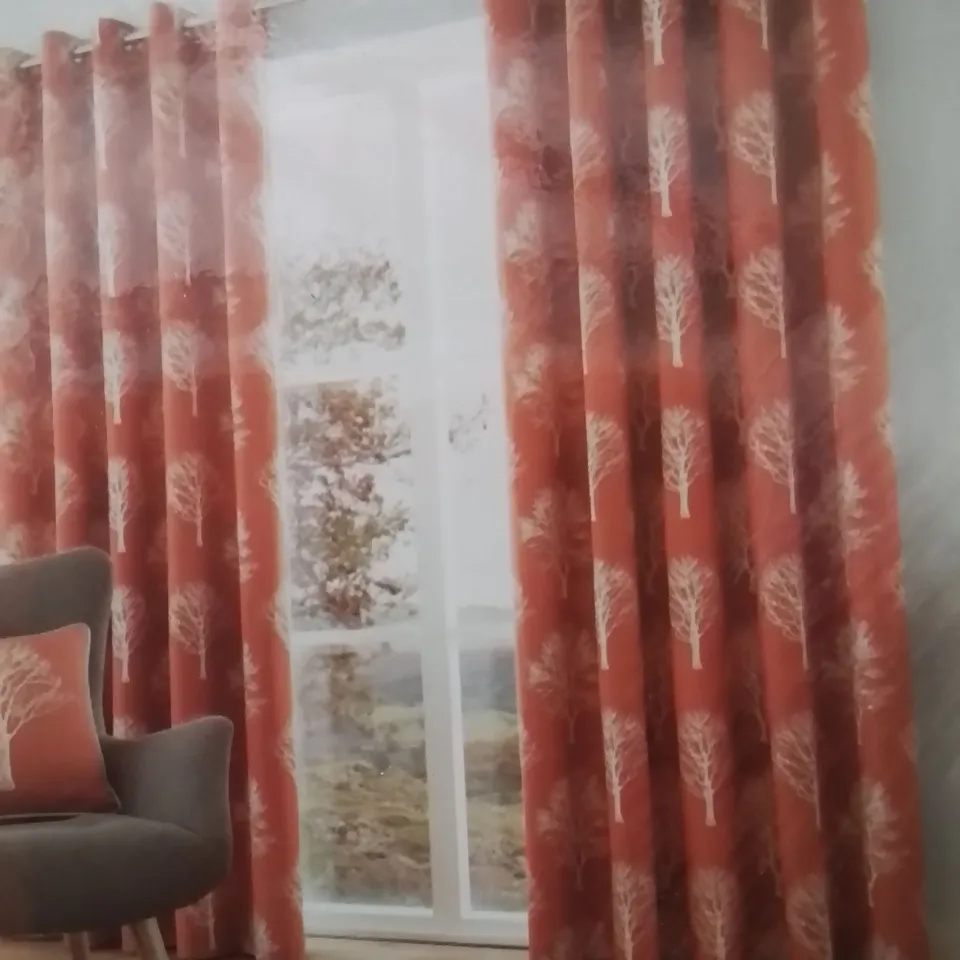 BRAND NEW FUSION FULLY LINED EYELET CURTAINS 228 X 228CM -WODLAMD TREES- [PAPRIKA]