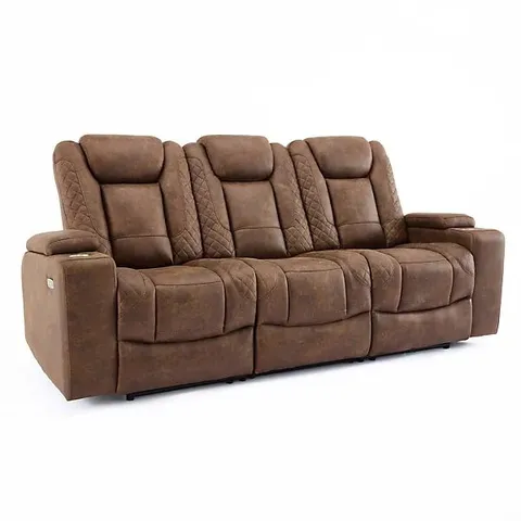 BOXED ASHTON 3 SEATER FABRIC AUTO RECLINER CHAIR SOFA - BROWN (3 BOXES)