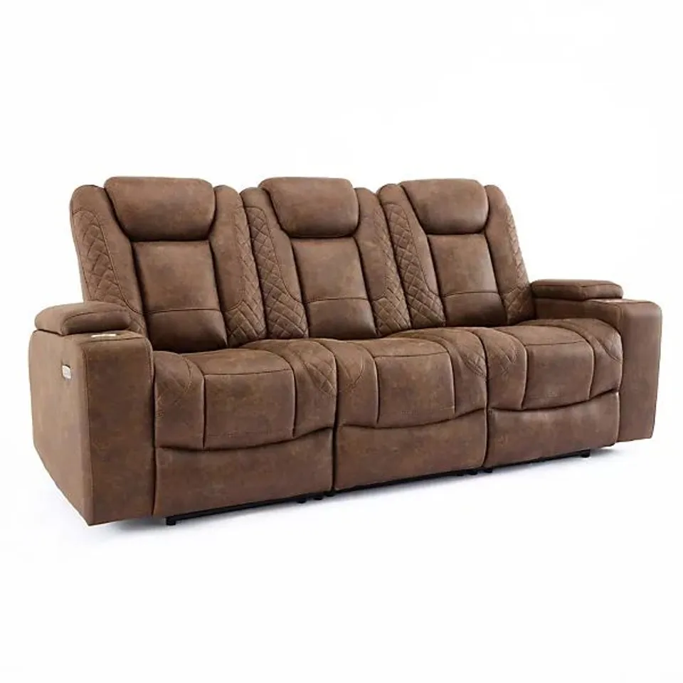 BOXED ASHTON 3 SEATER FABRIC AUTO RECLINER CHAIR SOFA - BROWN (3 BOXES)