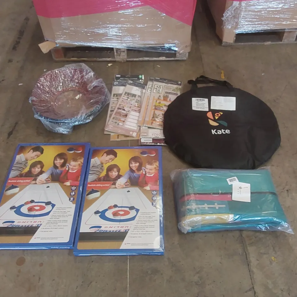 PALLET OF ASSORTED ITEMS INCLUDING: TABLE CURLING SETS, RAIN GUTTER SEALS, RUGS, PHOTOGRAPHY BACKGROUND, 2025 CALENDERS ECT