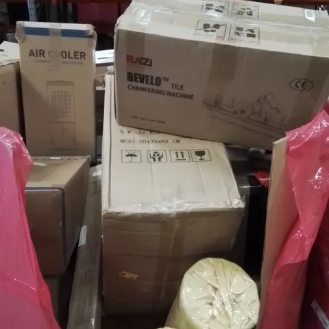 PALLET CONTAINING VARIOUS ASSORTED BOXED HOUSEHOLD ITEMS TO INCLUDE: AIR COOLERS, ARTIFICIAL GRASS ROLLS, CHAMFERING MACHINE AND LOTS MORE UNMARKED BOXED ITEMS 