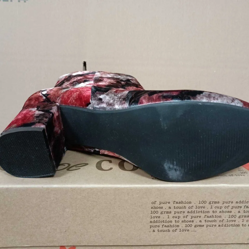 BOXED PAIR OF SHOE COLATE FLORAL ANKLE BOOTS - SIZE 41