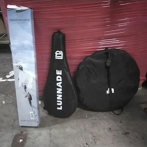 PALLET OF ASSORTED PRODUCTS AND HOUSEHOLD GOODS TO INCLUDE;MULTIFUNCTIONAL CRUTCH,TENNIS RACKET,POP UP TENT