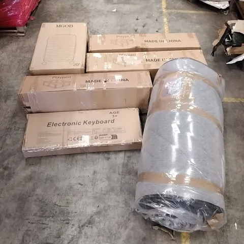 PALLET OF ASSORTED ITEMS TO INCLUDE: PLAYPENS, ELECTRONIC KEYBOARD, MATTRESS/MATTRESS TOPPER (UNSPECIFIED), SUITCASE ECT
