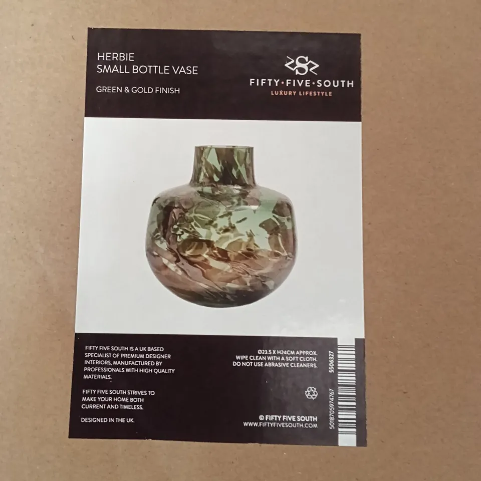 BOXED HERBIE SMALL BOTTLE VASE GREEN & GOLD FINISH