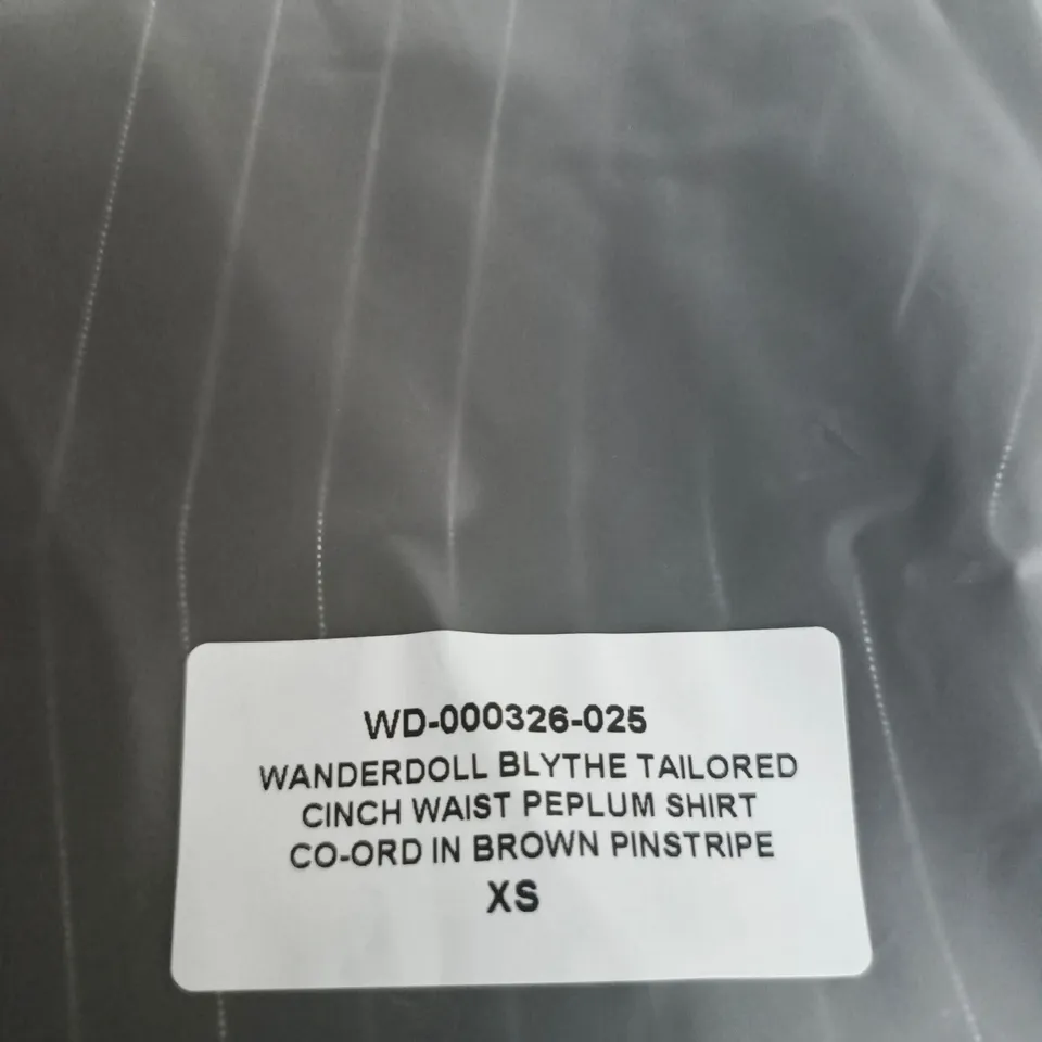 WANDERDOLL BLYTHE TAILORED CINCH WAIST PEPLUM SHIRT CO-ORD IN BROWN PINSTRIPE - SIZE XS