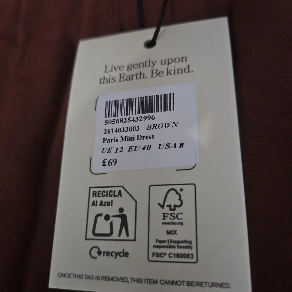 NOBODY'S CHILD PARIS MINI DRESS – BROWN, UK 12 (EU40, USA 8)