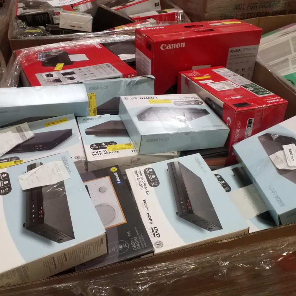PALLET CONTAINING ASSORTED ELECTRICAL RETURNS INCLUDING CANON PIXMA PRINTER, FM RADIO & DVD PLAYER WITH HDMI FUNCTION