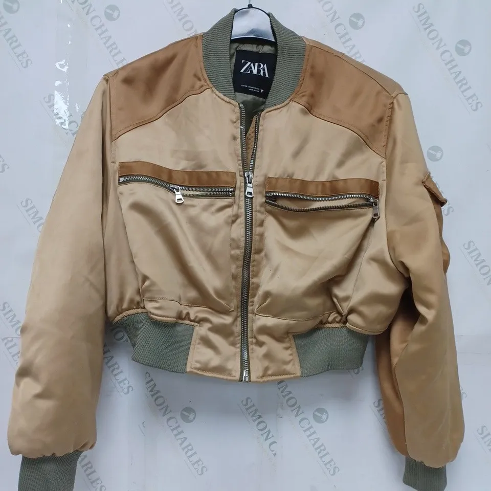 ZARA LONG SLEEVE ZIP CROP JACKET IN BROWN - EU XS