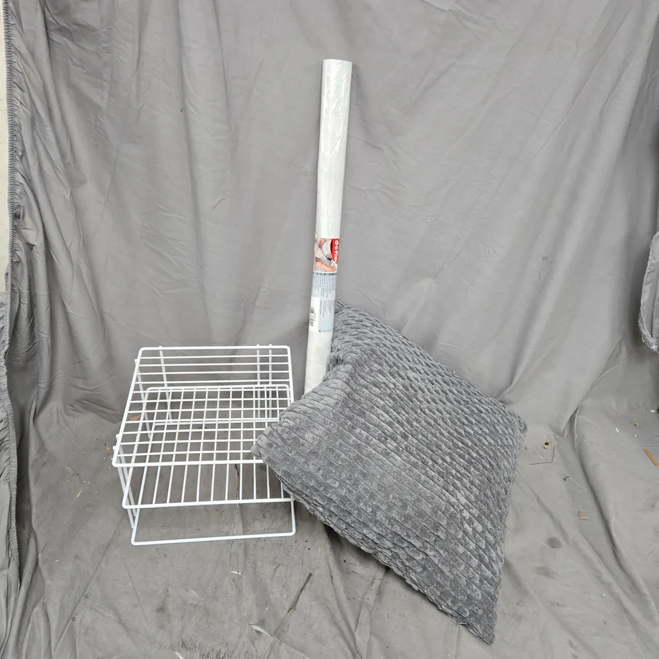 LARGE QUANTITY OF ASSORTED ITEMS TO INCLUDE SHELVING UNIT, WALLPAPER, GREY CUSHION, ETC - COLLECTION ONLY