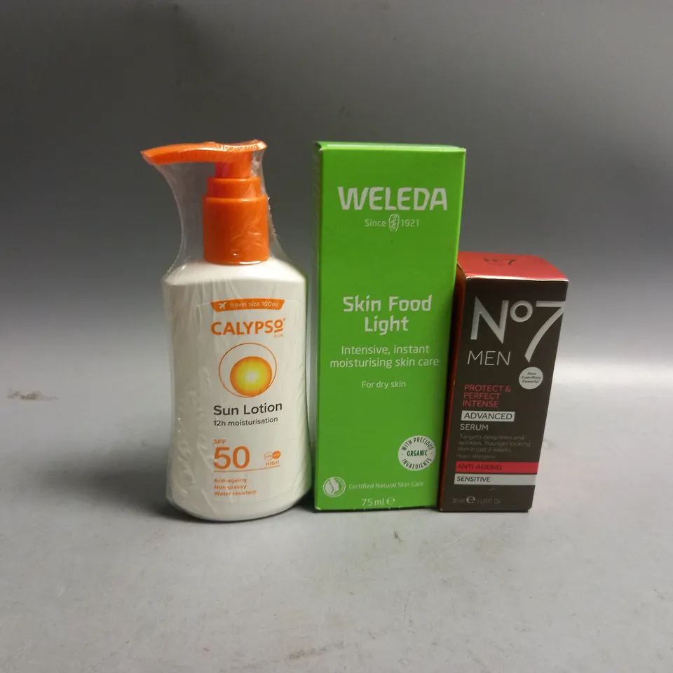 3 HEALTH AND BEAUTY PRODUCTS TO INCLUDE NO.7 MEN PROTECT & PERFECT INTENSE ADVANCED SERUM, WELEDA SKIN FOOD LIGHT, CALYPSO SUN LOTION 