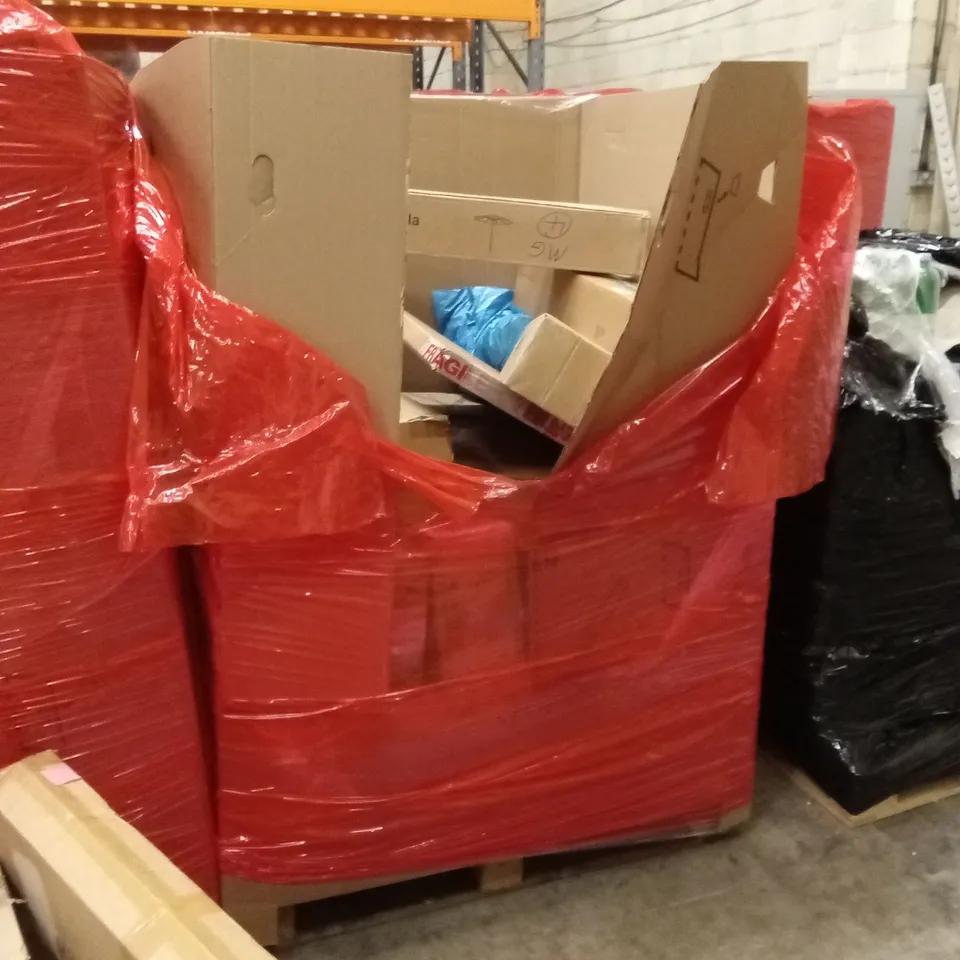 PALLET OF ASSORTED HOUSEHOLD GOODS AND PRODUCTS TO INCLUDE; VANITY MIRROR, PLAYPEN, AIR FRYER, LED FLOOD LIGHT ETC
