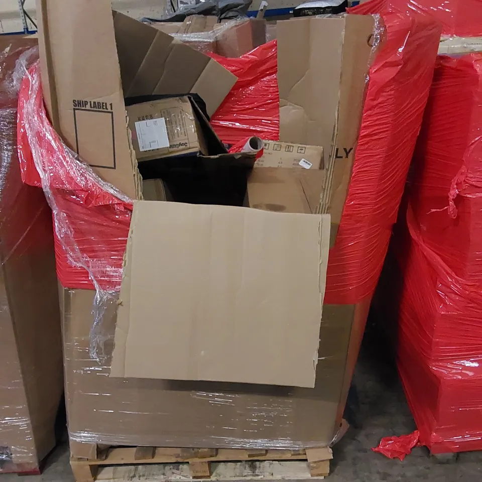PALLET TO CONTAIN ASSORTED HOUSEHOLD ITEMS AND CONSUMER PRODUCTS. INCLUDING BASKETBALL SYSTEM, TRAVEL BAG, DISPENSER WITH FLOOR STAND, BOXED FURNITURE ETC