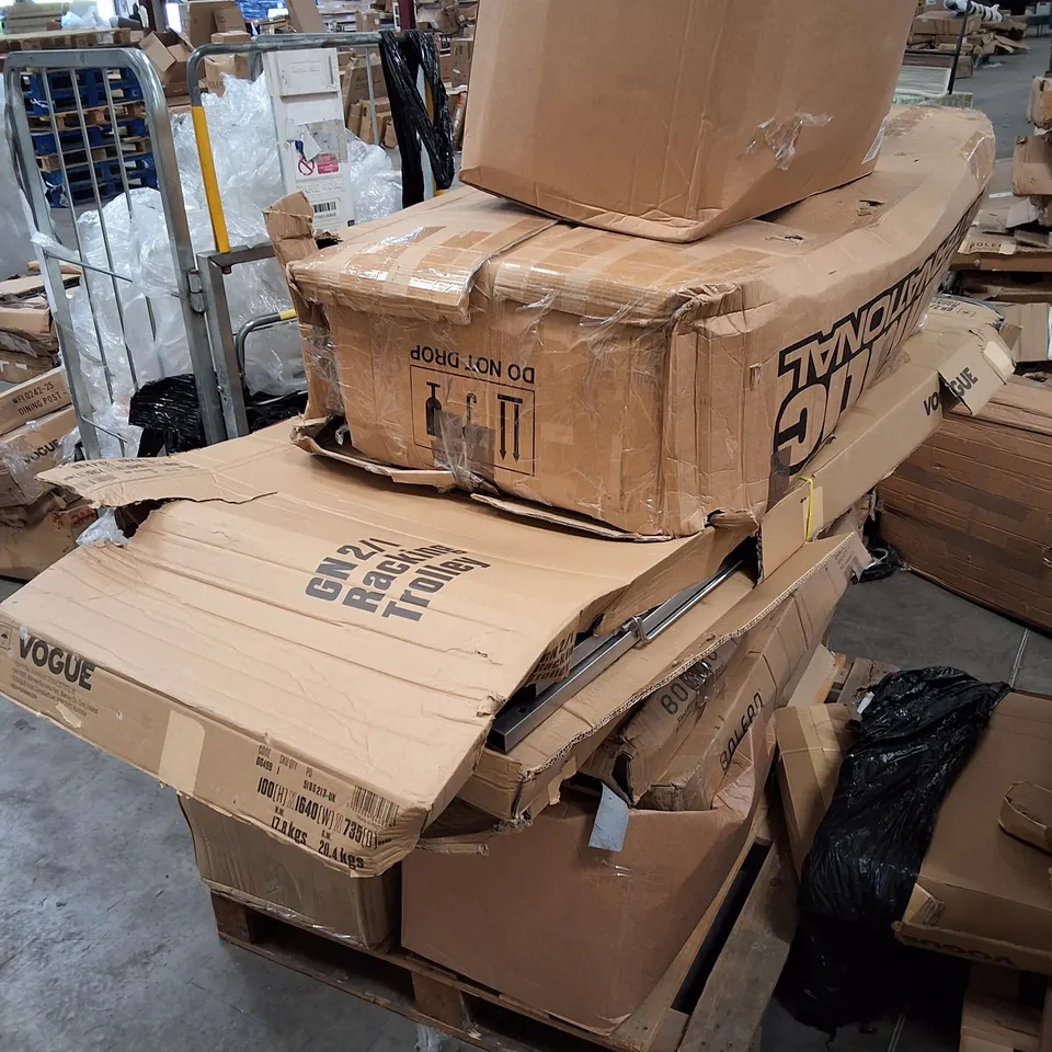 PALLET CONTAINING ASSORTED NISBITS PRODUCTS & PARTS INCLUDING RACKING TROLLEY & FLAT BASE BARRIER POSTS
