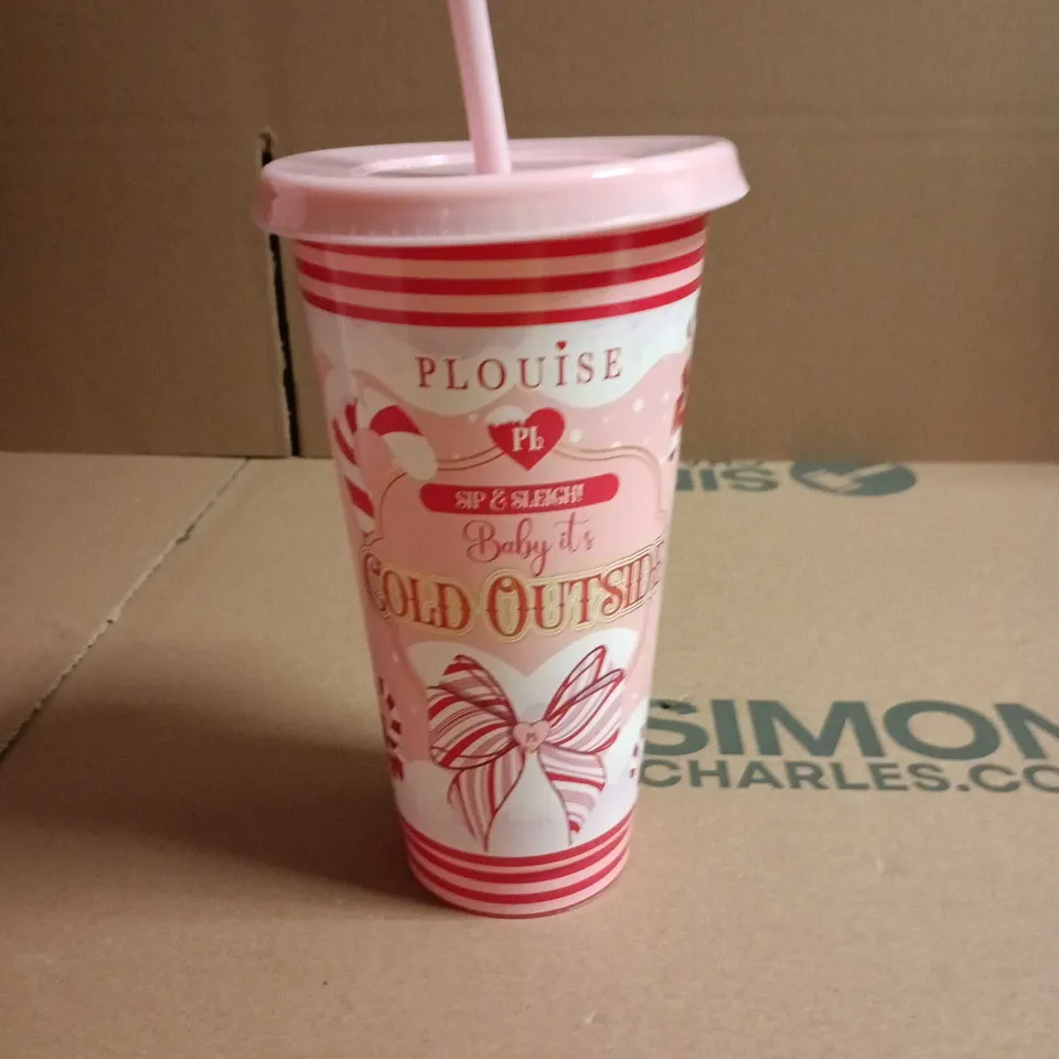 PLOUISE BABY IT'S COLD OUTSIDE PINK PLASTIC TUMBLER WITH LID AND STRAW 